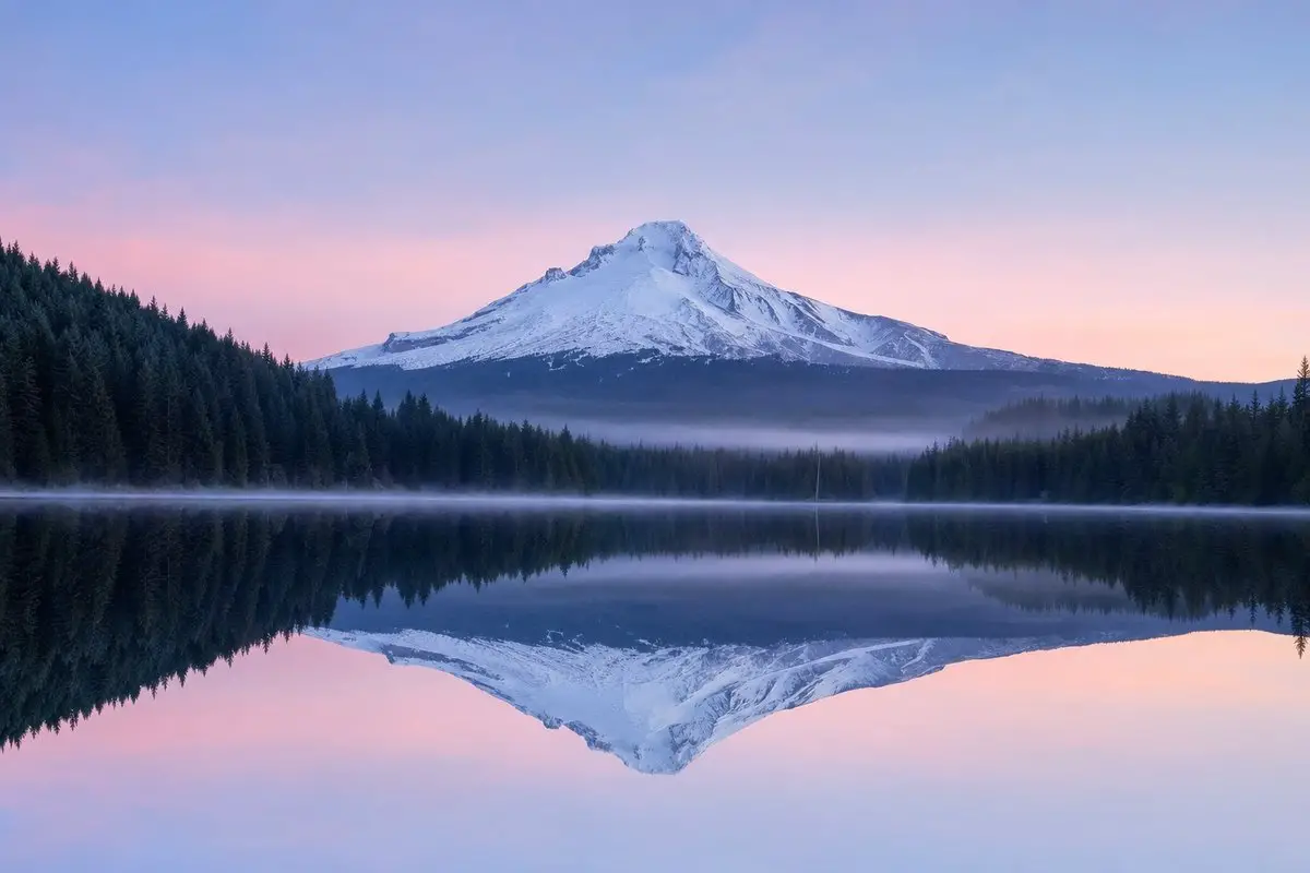 A symmetrical mountain reflected in a still mirror-like lake at dawn, illustrating visual balance