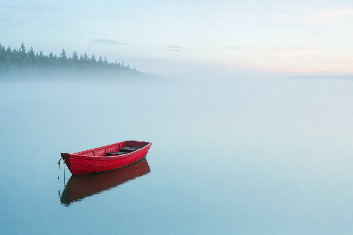 A lone red rowboat on a calm misty blue lake, standing out as the focal point through isolation and color