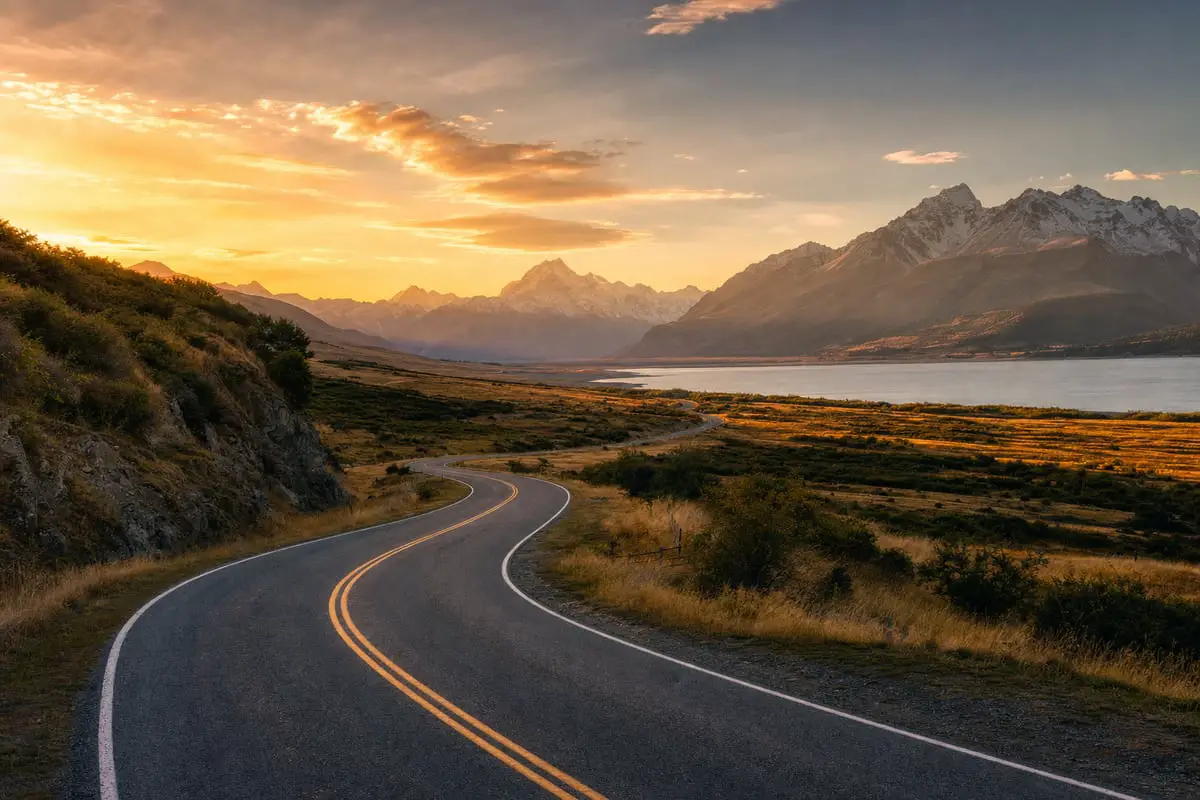 Winding road leading to mountains at golden hour showing leading lines in photography