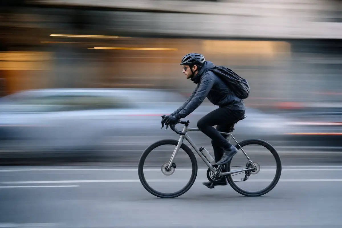 A panning shot of a cyclist kept sharp against a horizontally streaked motion-blurred background