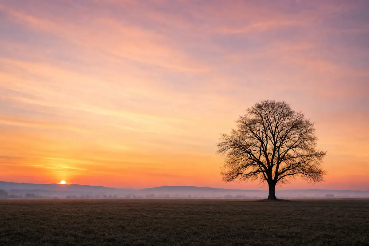 A lone tree placed on the right third of a landscape, composed with the rule of thirds