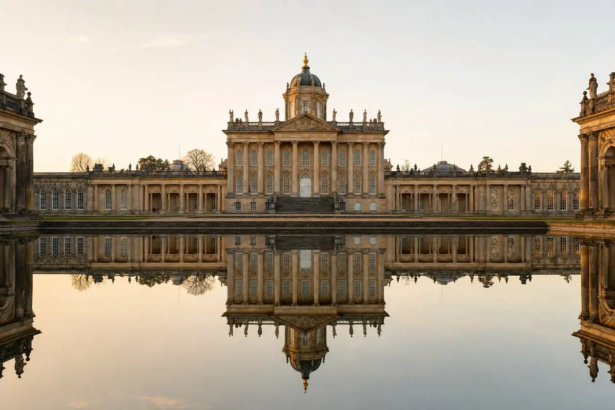 A symmetrical building reflected in still water showing symmetry in photography