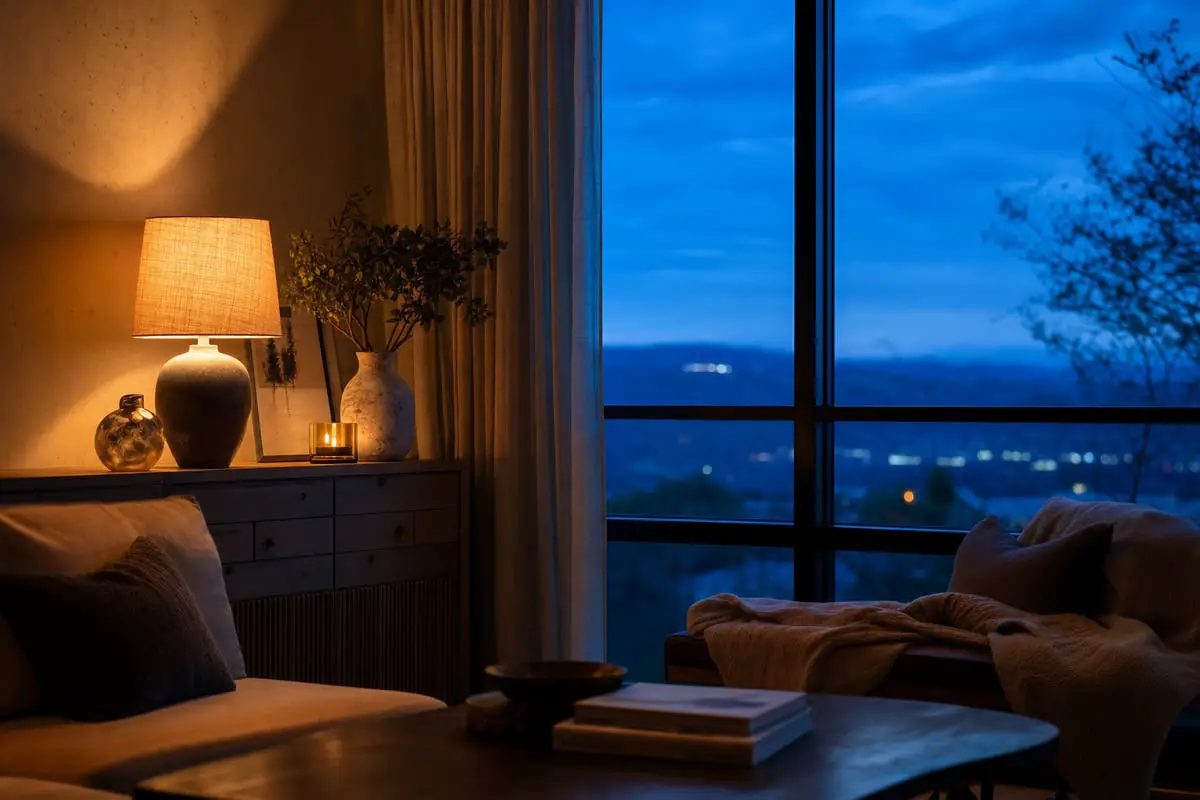 Room at dusk showing warm indoor light against cool blue daylight, illustrating color temperature