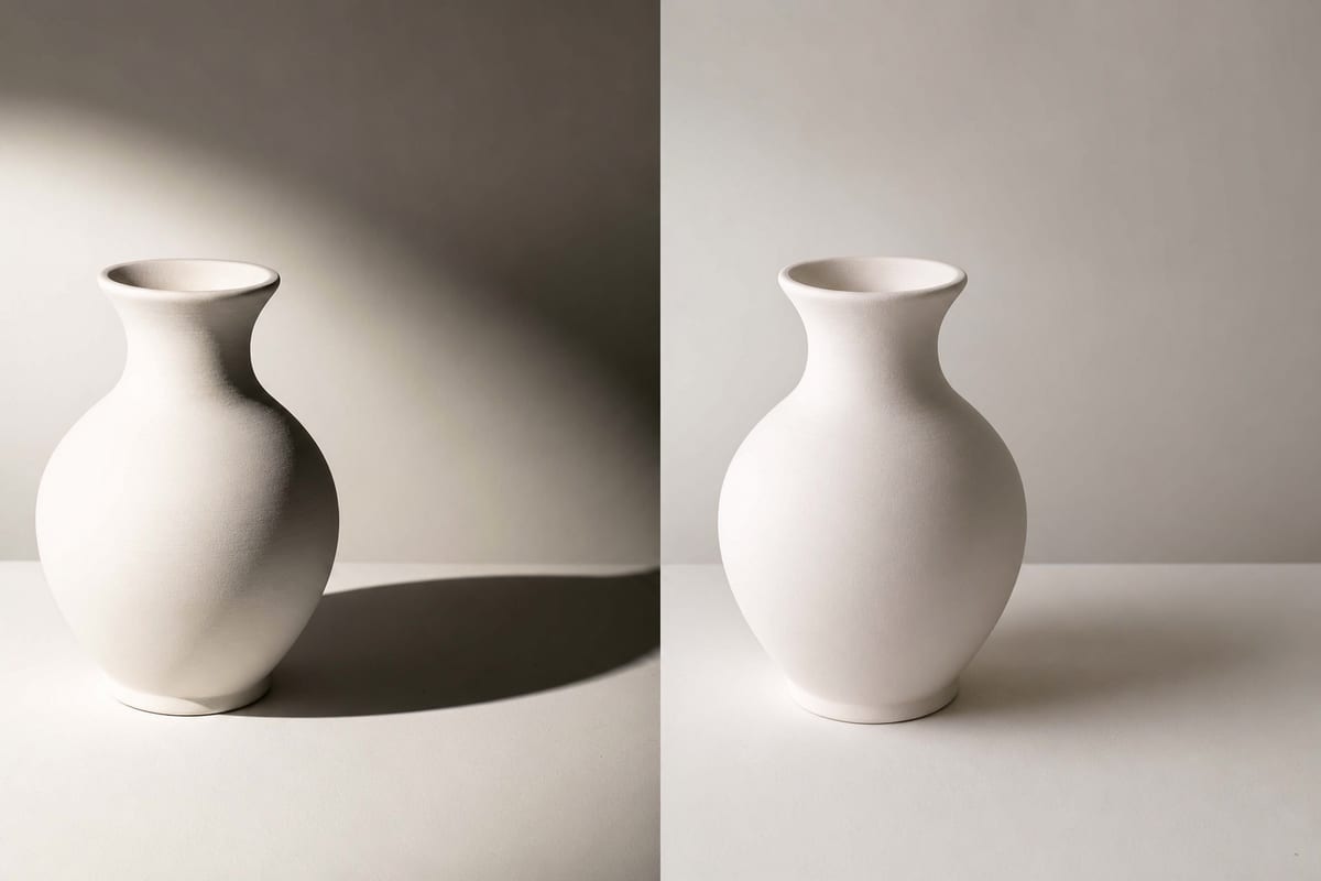 A still life comparison of hard light with crisp shadows and soft light with gentle gradual shadows