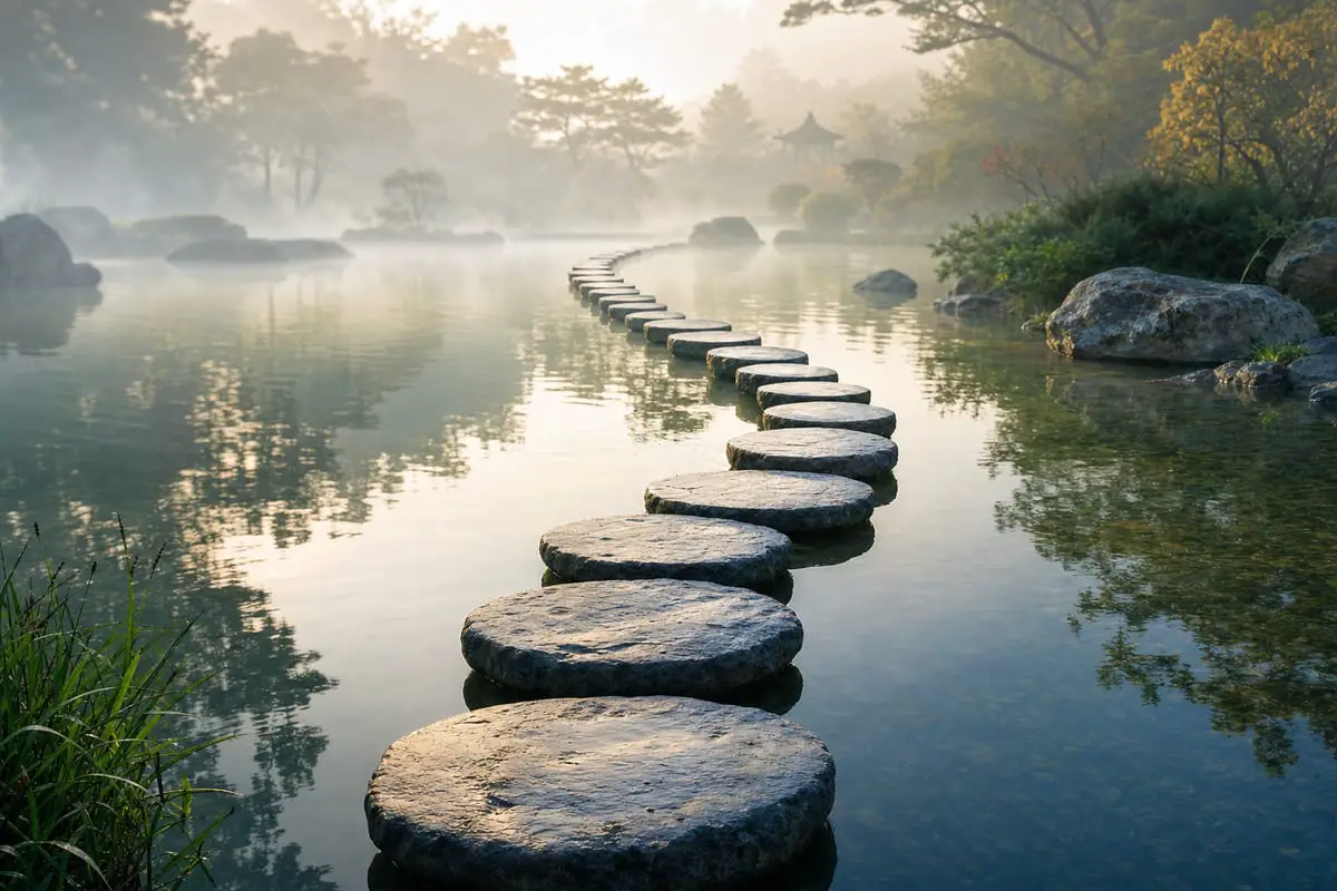 A curved line of round stepping stones across a calm pond, the eye connecting them into an implied path