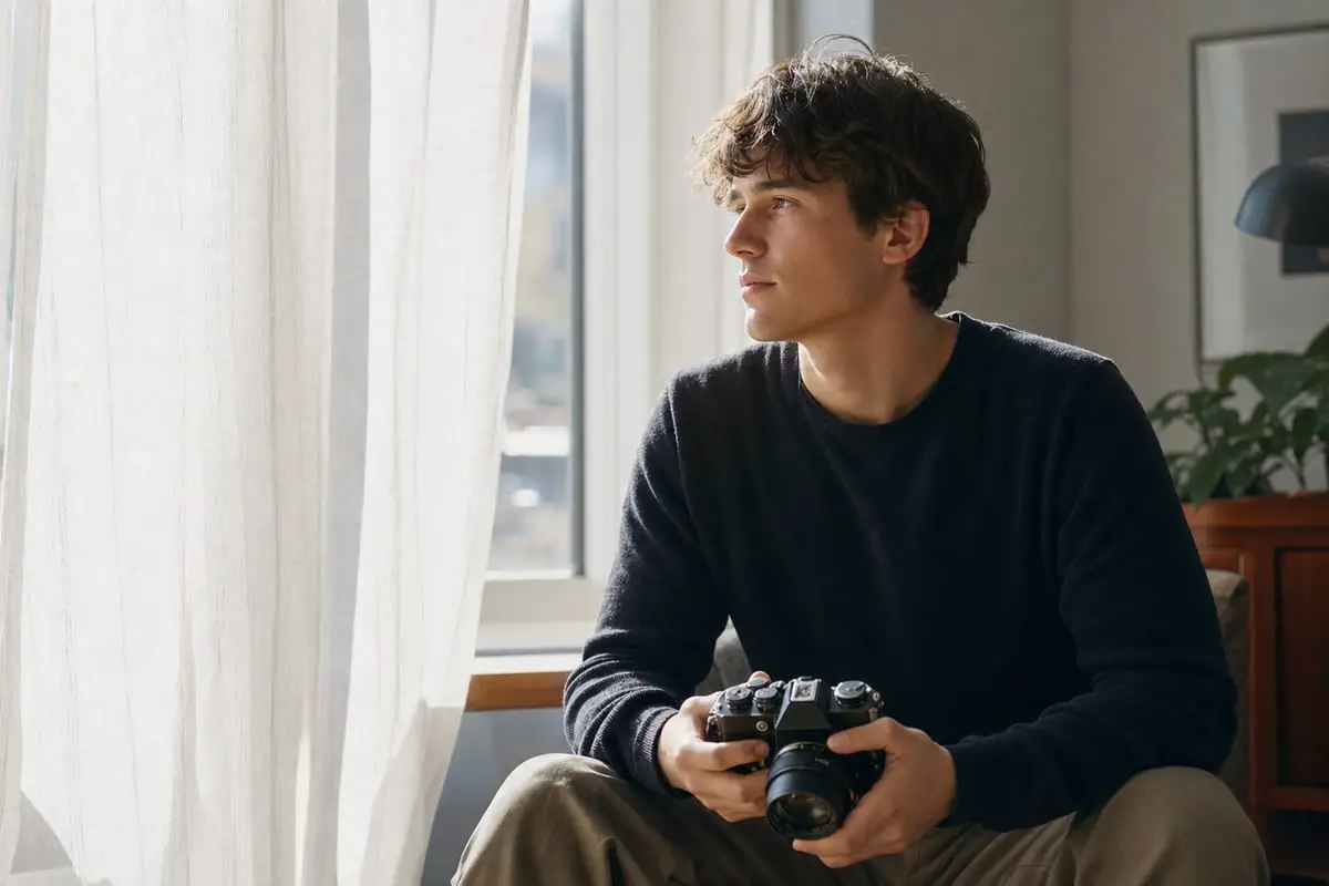 A portrait subject beside a large bright window with soft directional natural light across the scene