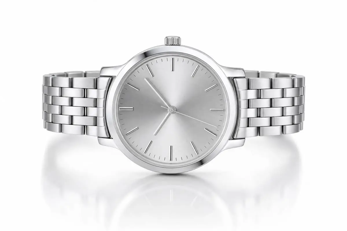 A clean product photography setup: a wristwatch on a white seamless background with soft, even studio lighting