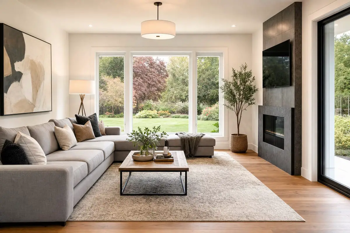 A bright, well-lit real estate interior photo of a modern living room with balanced window light and straight verticals