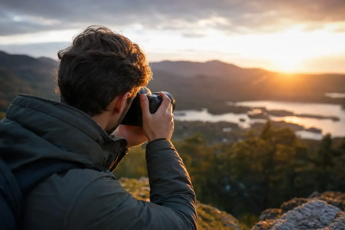 A photographer holding a DSLR camera up to frame a scenic landscape at golden hour